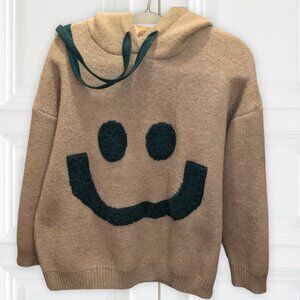 Tan Oversized Hooded Smiley Sweater – Cozy Knit Pullover, Fun Face Design